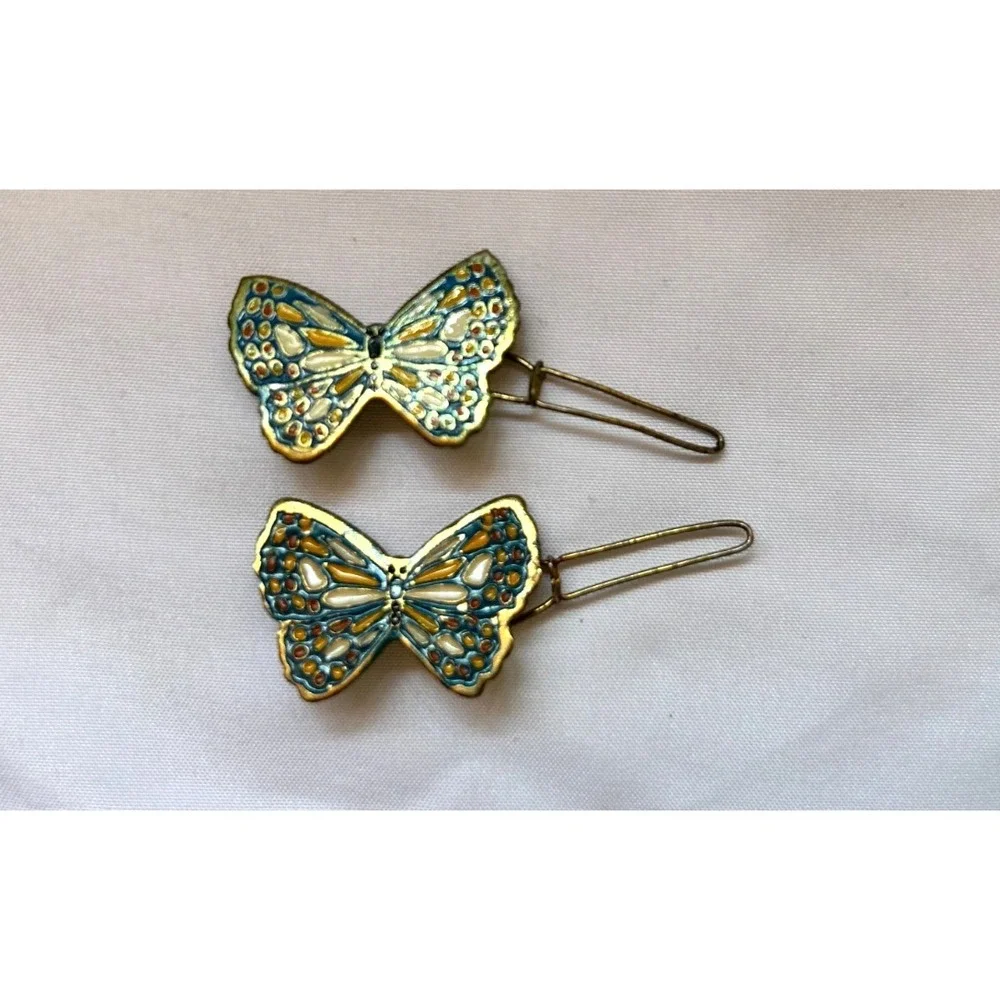 Vintage 70s Butterfly Hair Accessories Lot 3 Hairpins Barrettes Enamel Cloisonne